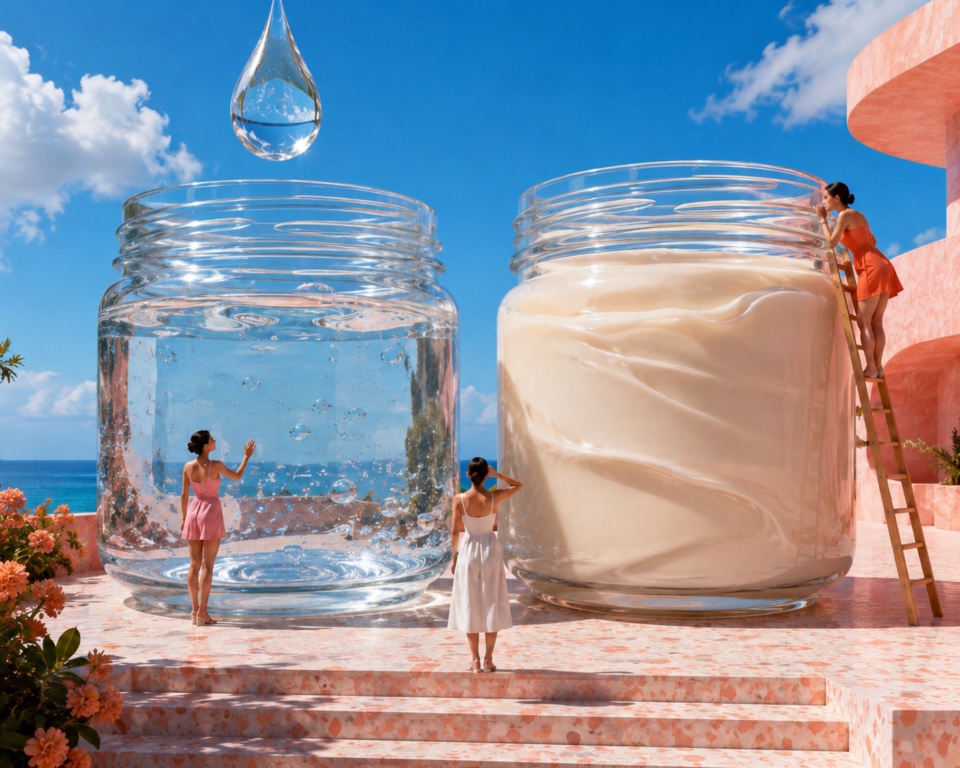 Two colossal glass jars, one of water and one of cream, with a giant droplet suspended above