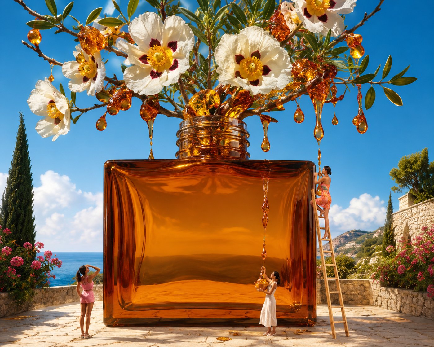 A giant amber perfume bottle in a Mediterranean garden with rockrose branches and dripping resin