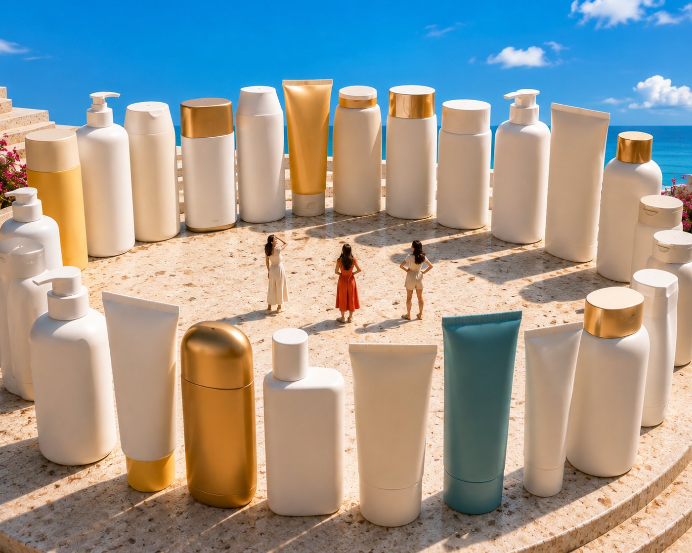 Enormous unlabeled sunscreen bottles arranged in a ring on a sunlit terrazzo plaza
