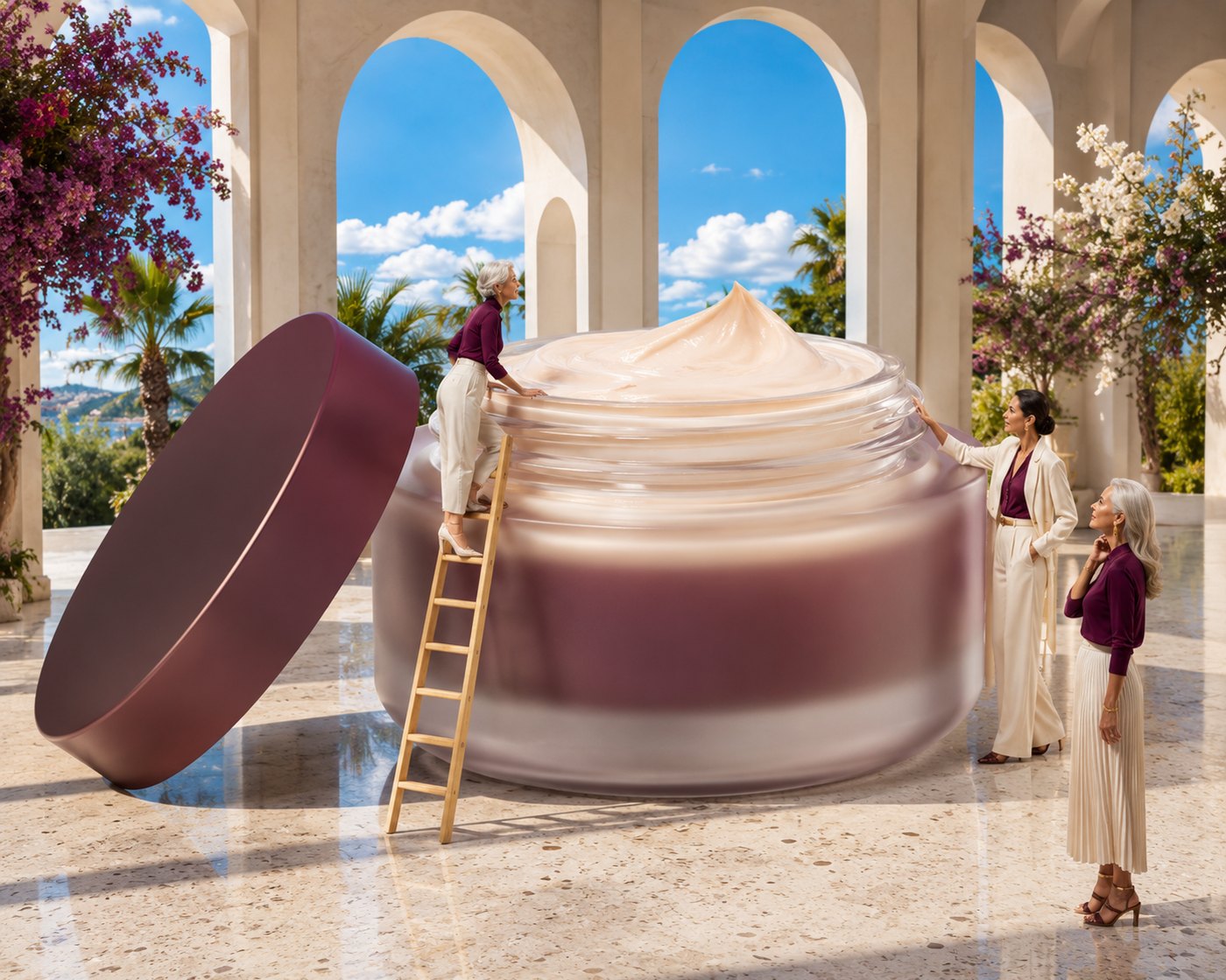An enormous frosted cream jar with its lid lifted, in a sunlit arched atrium, with three elegant women standing at its base